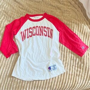 Champion Red White Wisconsin Baseball Raglan Tee 3/4 sleeves